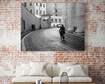 Nightscape Architecture Photography, Large Wall Art Print, Italy Photography, Black & White Photograph, Vatican City Streets, Bicycle Art