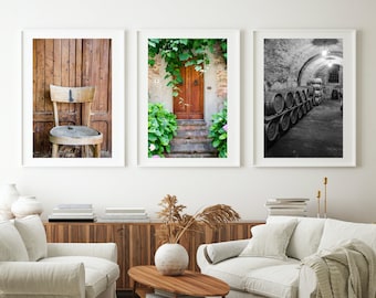 Toskana Weingut Weinkeller Fotografie, großformatige Reise Fotodrucke, Fotodruck 3er Set, Italien Küche Dekor, Italien Druck