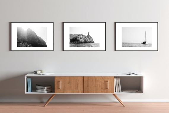 Black and White Amalfi Coast Capri Southern Italy Coastal Beach Photography, Large Format Photo Prints, Photo Print Set of 3