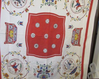 Vintage Table Cloth, Amish Hex Designs, Horse, Birds, Dutch Couple and Chest, Red, Blue, Yellow and Green, 46 by 53 inches.  (3314)