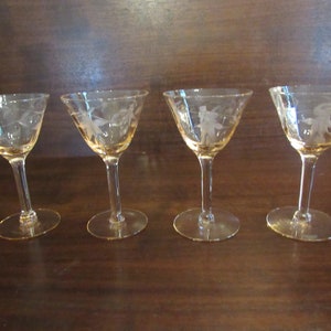 Liquor Cocktail Glasses, UNK4962P by Unknown Manufacturer, Etched Pink Glassware,  Barware, Stemware, Set of 3.   (3114)