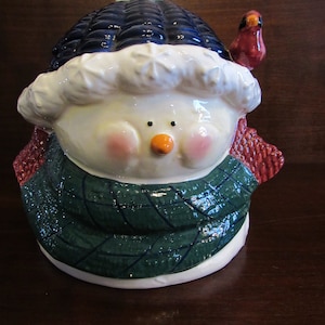 Make the Season Bright Christmas, Holiday, Snow Man Cookie Jar, Storage Jar, Kitchen Decoration, Made in China.      (3633)