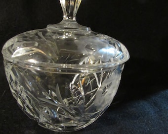 Candy Dish with Lid, Sugar Bowl with Lid, Dresser Box, Trinket Box, Etched Rose and Leaves.     (3340)