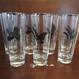 Federal Glass Sportsman, 14 ounce Flat Tumbler, Canadian Goose, Grouse, Canvasback, Platinum Rim, Lot of 7.   (2667)