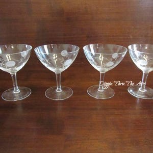 Champagne Coups, Etched Crystal, Unknown Manufacturer, Crystal Stemware, Barware, Set of 4   (3728)