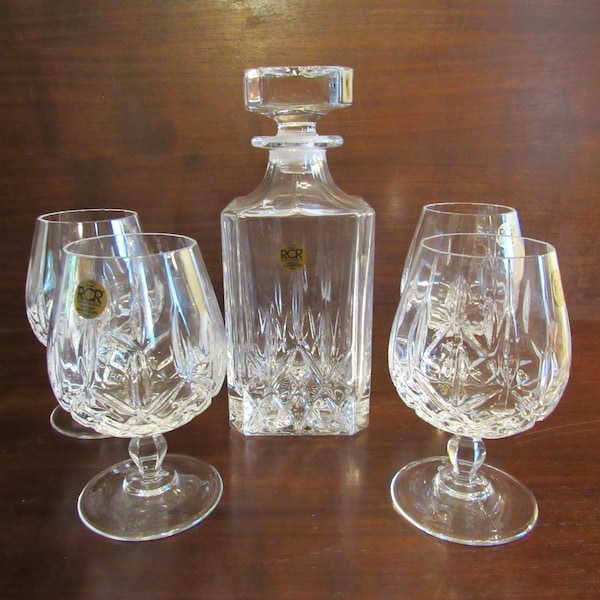 Decanter and 4 Brandy Glasses , Opera by Royal Crystal Rock made in Italy.        (3521)