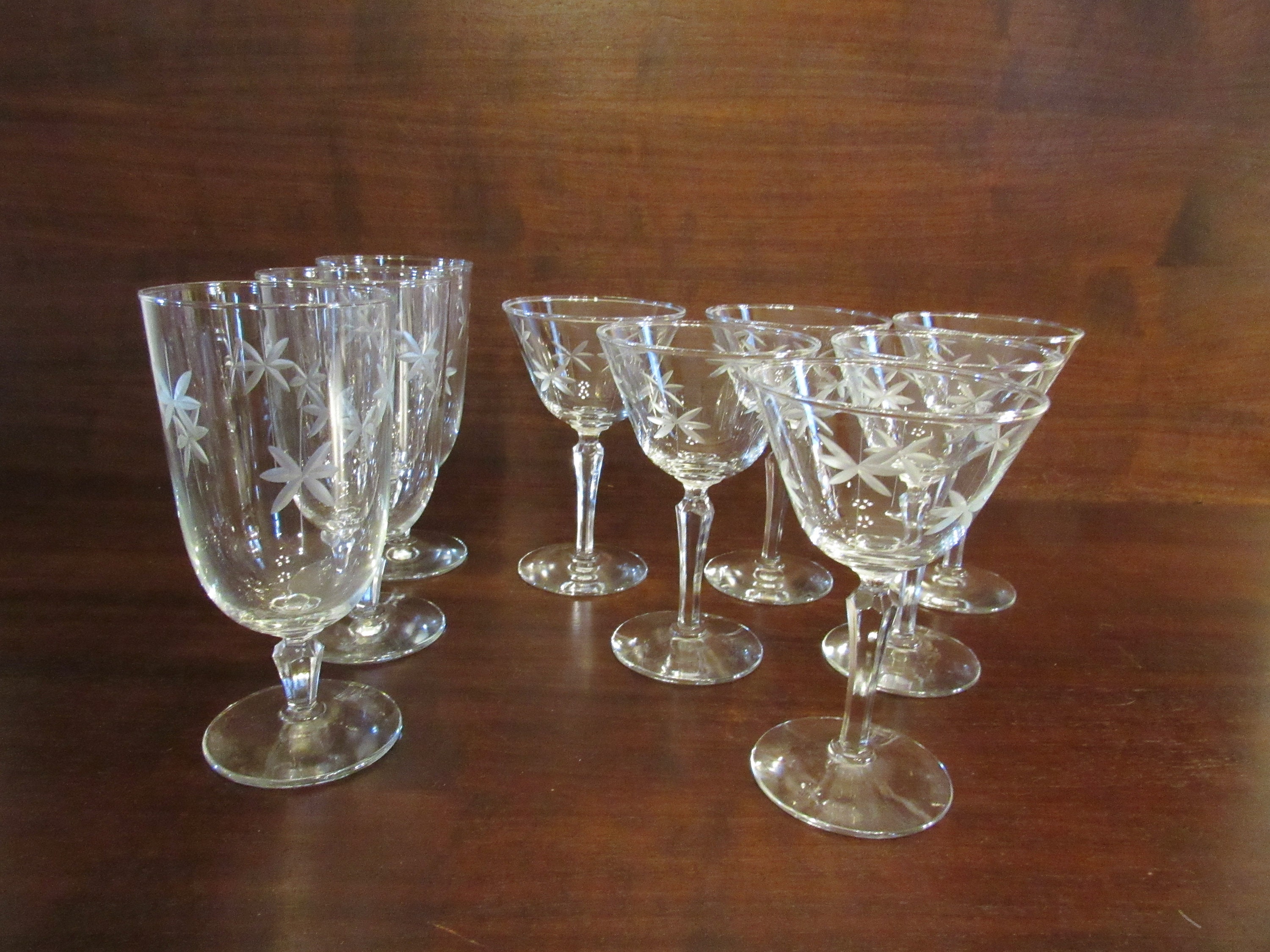 Vintage Etched Starburst Pitcher with matching Wine Glasses