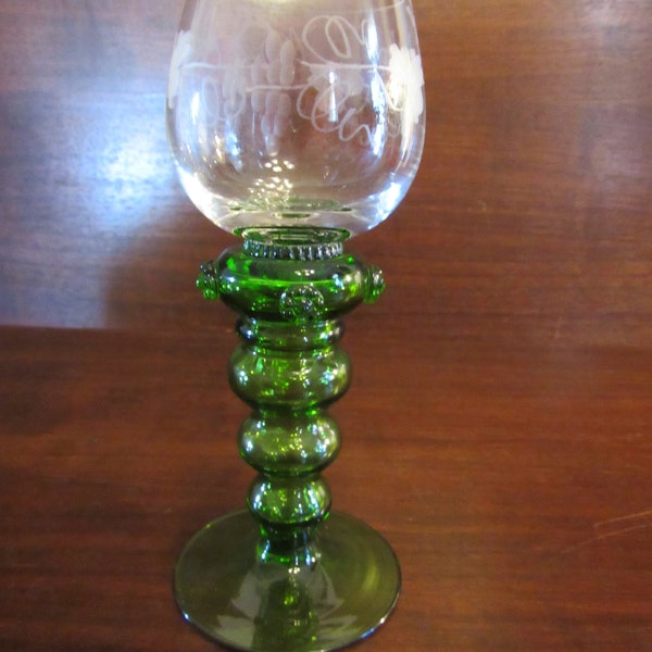 Roemer Hock Wine Glass, Etched Grapes, Multiple Ball Stem, Blown Glass, Barware, Antique German Glassware.    (3064)