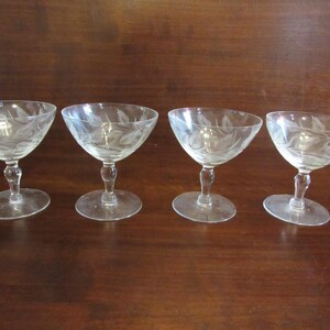 Champagne, Low Sherbet, Unknown Manufacturer, Grey Cut Plant Design on Bowl, Set of 4.   (3823)