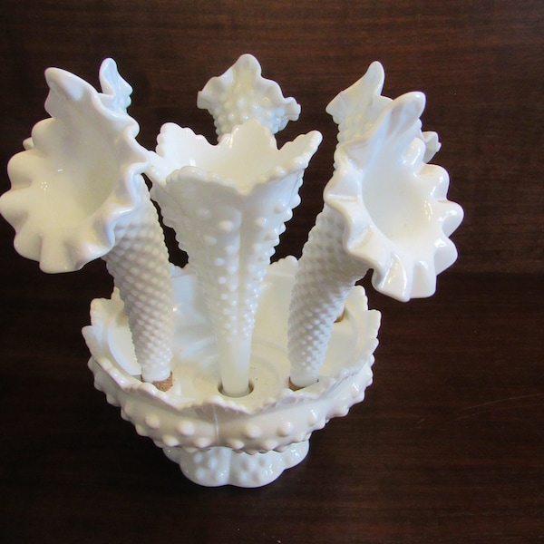 Fenton Hobnail Milk Glass Epergne with Trumpet Vase and 5 Jack in the Pulpit Horns, 7 pieces.   (3708)