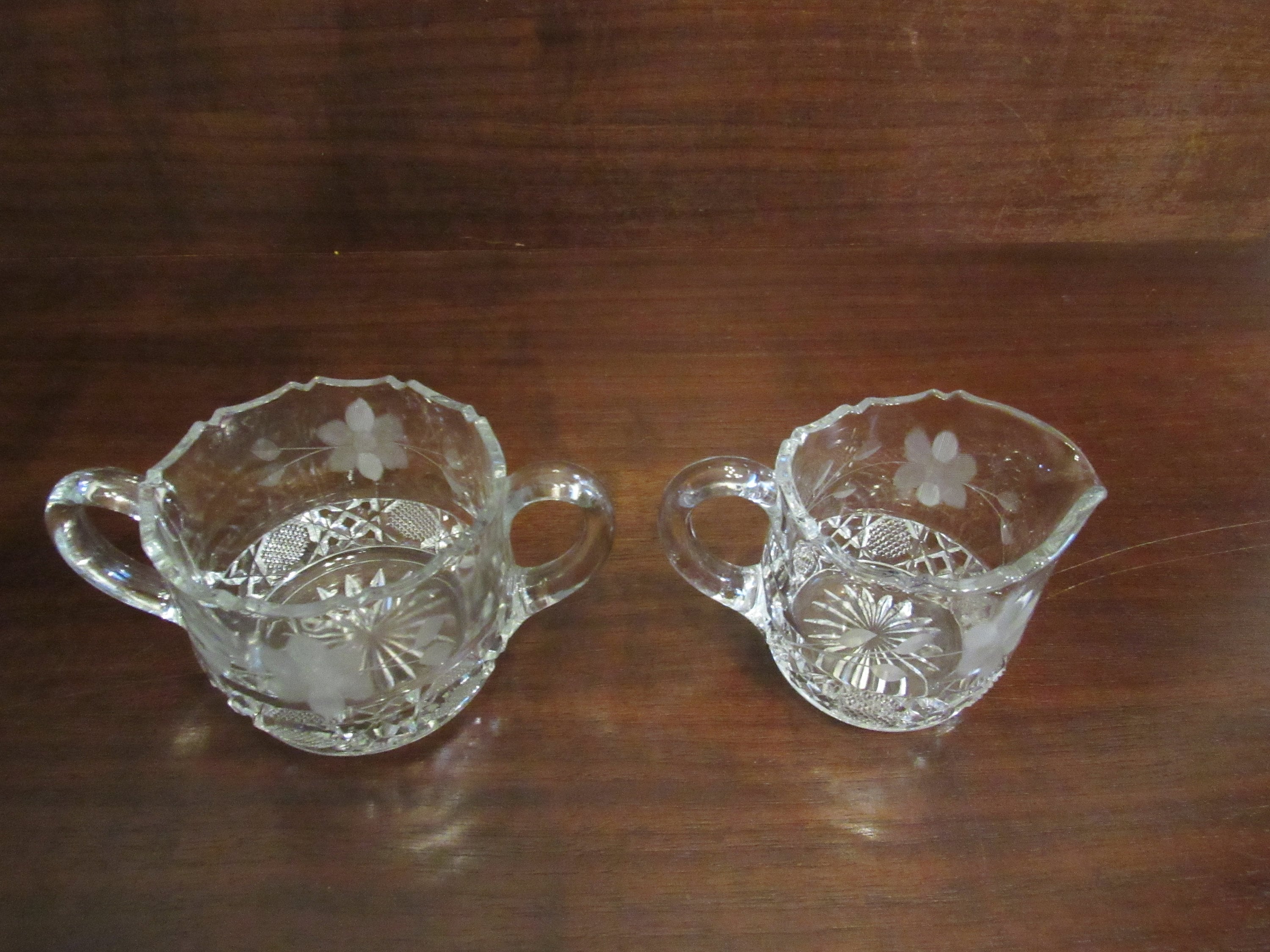 McKee Innovation, Etched and Cut, Daisy and Button, Open Sugar and Creamer Set.                   (3673)