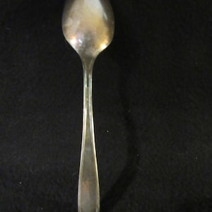 May include: A silver teaspoon with a rounded bowl and a long, slender handle.
