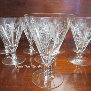 May include: Set of six clear glass stemmed drinking glasses with an etched floral design. The glasses are arranged in a semi-circle on a wooden surface.