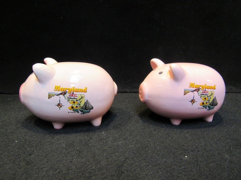May include: Two pink ceramic piggy banks. Each bank has a map of Maryland with the word "Maryland" in yellow. The banks have small ears, a snout, and four small legs. The banks are on a black background.