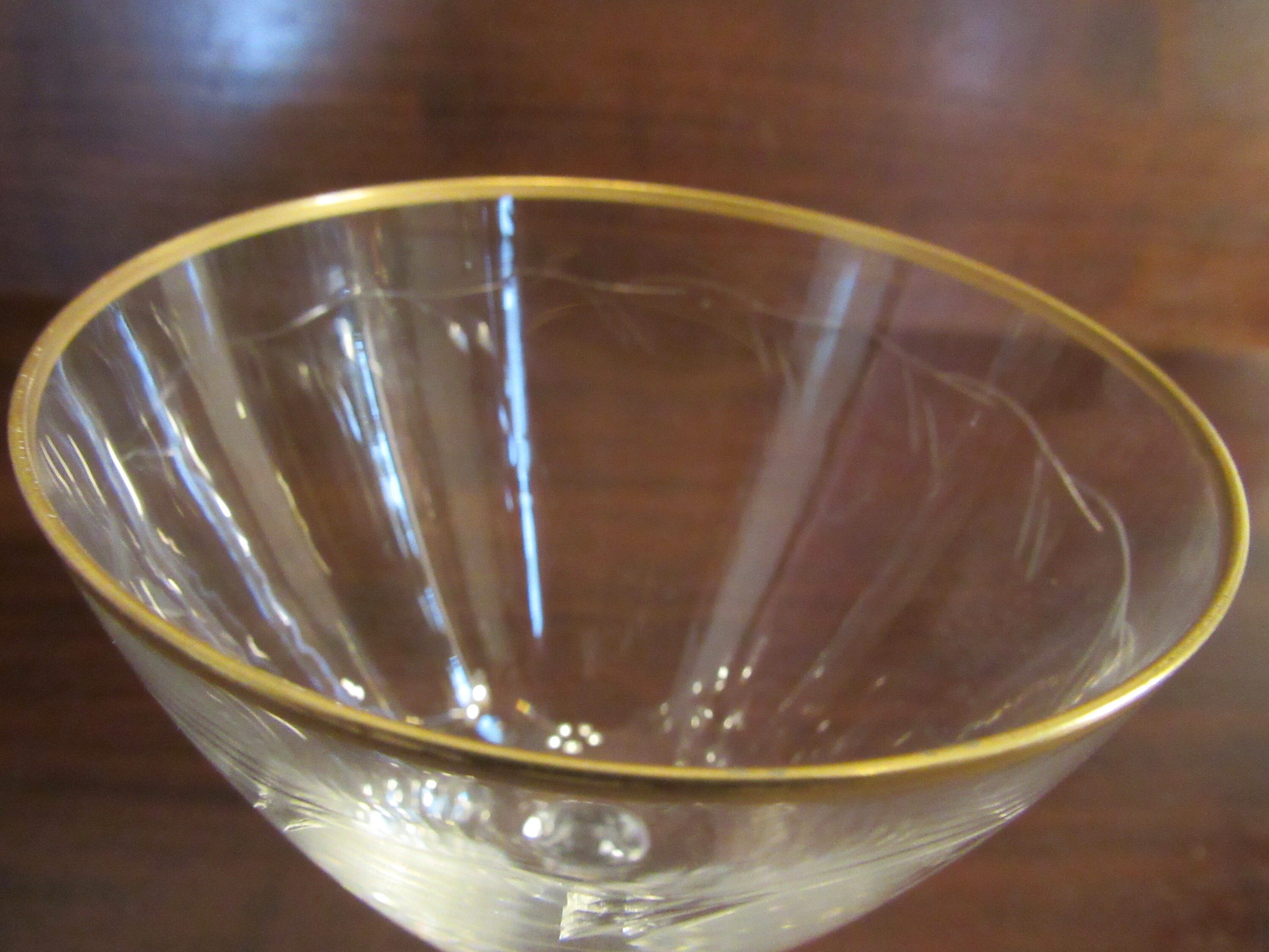 7 Vtg Gold Scroll Rim Short Stem Weighted Bowl Crystal Wine