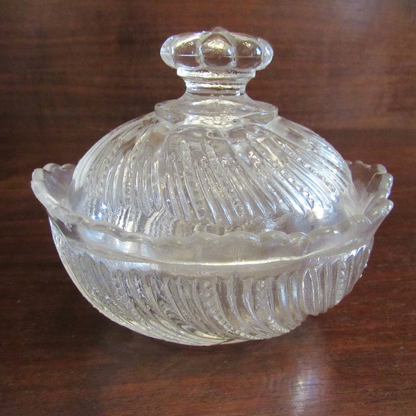 Pressed Glass Bowl with Lid, Sugar Bowl, Dresser Box, Candy Dish Jewelry Box, Trinket Box.      (3721)