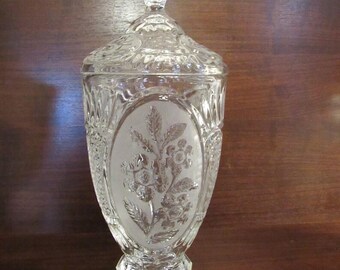 Zajacar, Hand Cut Lead Crystal Pedestal Jar, Floral Etch and Frosted, made in Yugoslavia.     (3303)