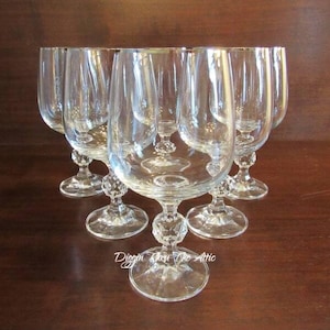 Water Goblets, Platinum Band by Import Assoc, Cut Ball Stem, Platinum Trim, Stemware, Barware, Set of 6. (2 sets available)     (3551)