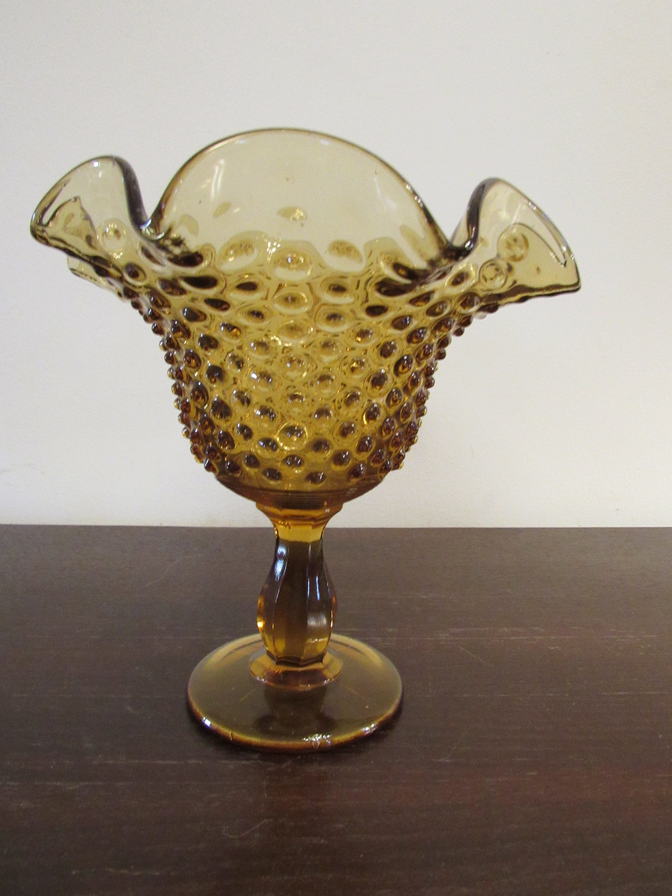 Fenton Round Compote, Hobnail Colonial Amber with Ruffled Rim. (2397)