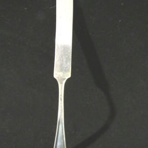 May include: A silver butter knife with a long, narrow blade and a rounded handle.