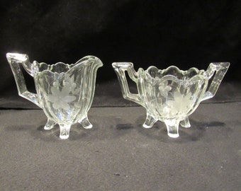 125-2 by Indiana Glass, Etched Glass Open Sugar & Creamer Set, Cut Stars and Panels.   (1672)