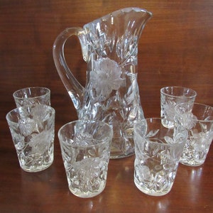 American Brilliant Presscut and Wheel Etched Crystal Pitcher and 6 matching Tumblers, Water set, Cocktail set, Lemonade Set.    (3723)