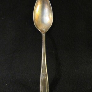 May include: A silver teaspoon with a rounded bowl and a long, slender handle. The handle has a decorative design.