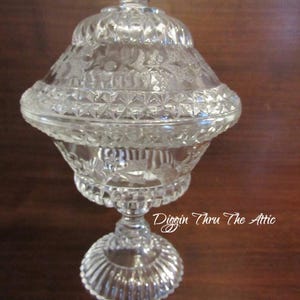 Adams and Company,  Early American Standard Covered Compote, Adams #140, Wild Flowers Clear, 9 inch Compote with Lid.  (3292)