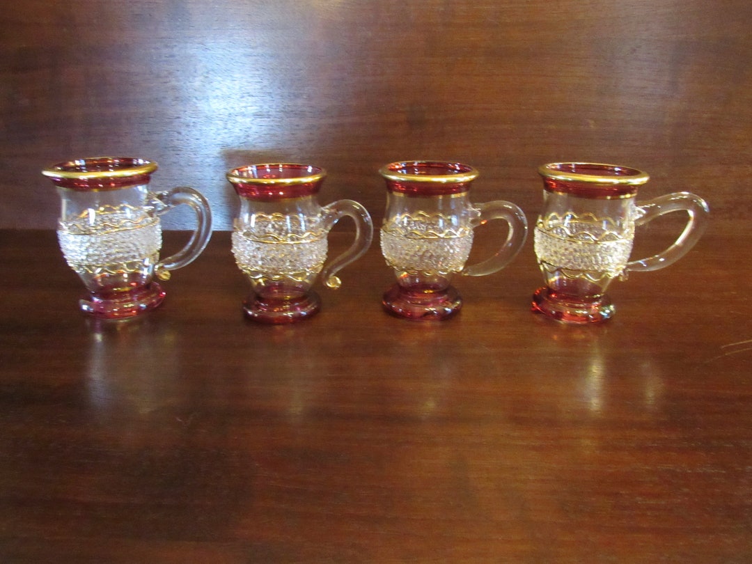 Hand Blown Glass Mugs, Ruby to Clear With Gold Trim, Set of 4. 3063 Etsy