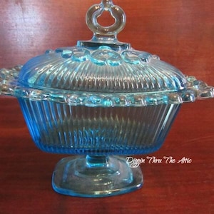 Indiana Glass Ice Blue Pedestal Candy Dish with lid and Lace Edge.   (3764)