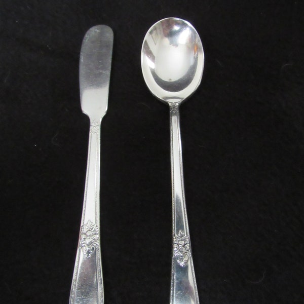 Individual Butter Spreader and Sugar Spoon, Adoration Silverplate 1939, 1847 Rogers Bros by International Silver, Silverware.   (2559)