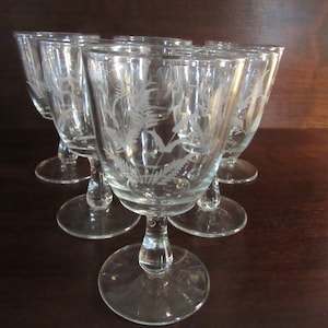 Etched Water Glasses, Wine Glasses,  Stemware, Barware, Hand Blown , Set of 6.  (2688)