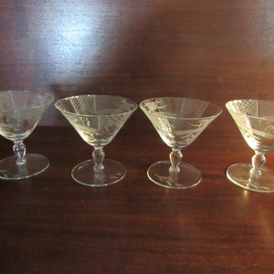 Etched Crystal Low Sherbets, Crystal Champagne Glasses, Unknown Manufacturer, Barware, Stemware, Set of 4  (2920)