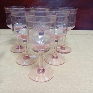 Wine Glasses, 14188-2 Pink by Tiffin-Franciscan, Pink Etched Depression Glass, Set of 6.  (3972)