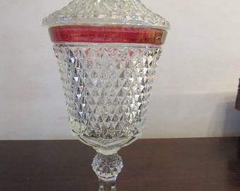 Footed Urn with Lid, Diamond Point Ruby by Indiana Glass, Candy Dish, Trinket box, Storage Jar.      (3346)