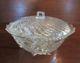 Candy Dish with Lid,  Press Cut, Clear Swirl, Floral Swag.     (3115)