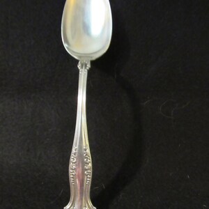 May include: A silver spoon with an ornate handle. The spoon has a rounded bowl and a long, slender handle with a decorative design.