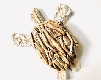 Driftwood Sea Turtle Sculpture, Oyster Shell Flippers, Beach Decor