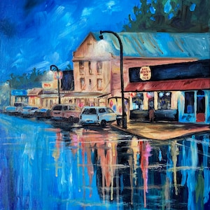 Rainy Night Painting, Drip Painting, Moody Night Painting, Original Framed Acrylic PRINT, City Night Painting