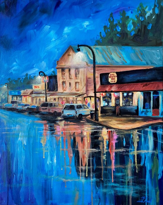 Rainy Night City Painting, Historic Newport Bayfront Framed Print