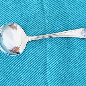 May include: A silver serving spoon with a rounded bowl and a decorative handle. The spoon is on a blue textured surface.