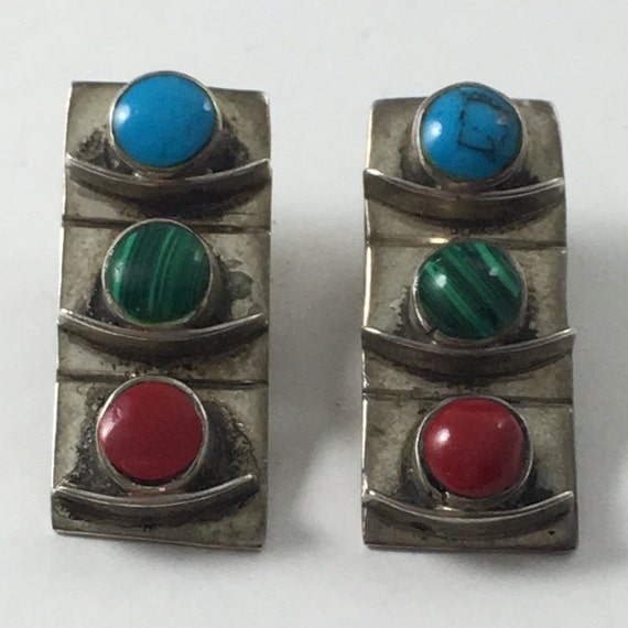 Mexico Sterling Silver Multi-Stone Earrings Signed - image 3