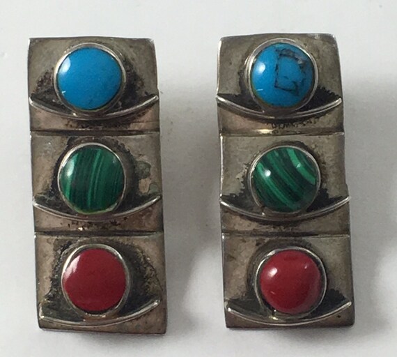 Mexico Sterling Silver Multi-Stone Earrings Signed - image 1