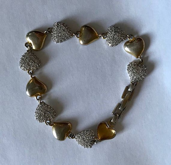 Vintage Hearts 925 Sterling Silver Cute Gold Toned Tennis Bracelet 7.5"