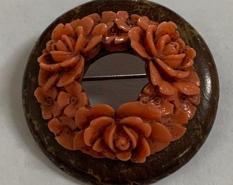 Maximal Art Vintage Flower Featuring a Red Coral Stone on Wood Brooch