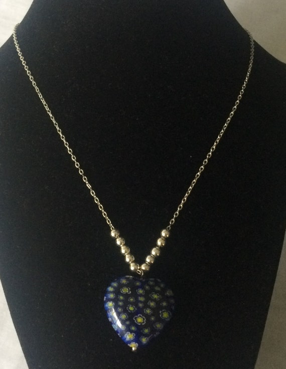 Vintage Sterling Silver Necklace with Blue Millefi