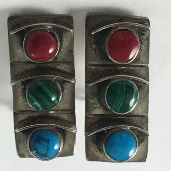 Mexico Sterling Silver Multi-Stone Earrings Signed - image 2