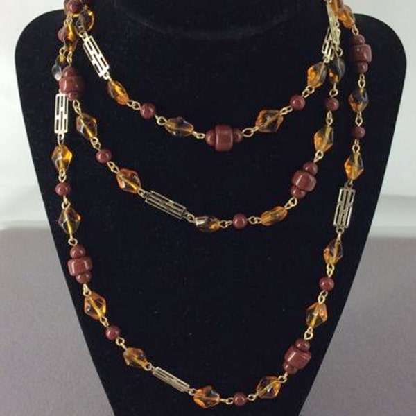 Vintage 1970's Amber And Early Plastic Beaded Necklace