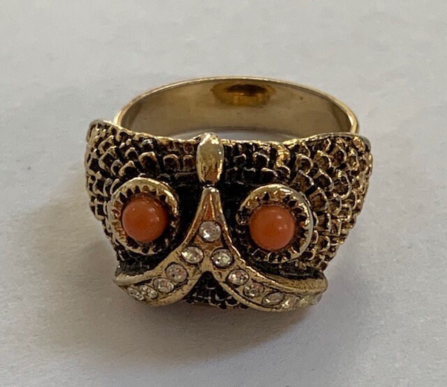Vintage Owl Face Ring with Eyes of Coral Cocktail Ring Size Adjustable