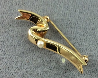 Vintage AVON 1984 Firmato Nastro Spilla Perla ~ Tono Oro